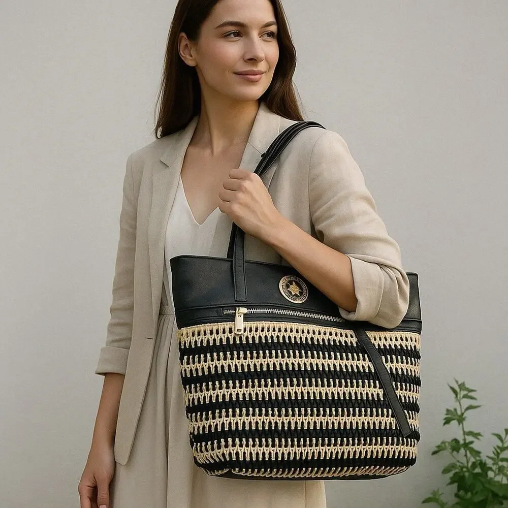 Beverly‎ Hills Polo Club Women Black Straw Stripe Tote Bag Gold Logo NWT